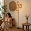 XZHGCEE Rattan Floor Lamp for Living Room:3 Light Boho Floor Lamp for Bedroom, Gold Standing Lamp with Foot Switch, Coastal Rustic Tall Lamp, No Bulb