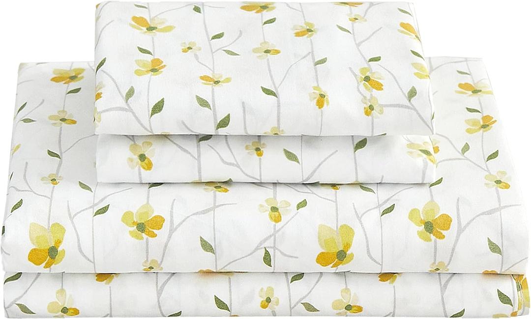 Softan King Sheet Set Yellow Floral Bed Sheets Printed Sheets - 4 Piece Soft Microfiber Patterned Fitted Sheets King with 15" Deep Pocket and Corner Straps, Cute Yellow Flower Sheets & Pillowcase Set