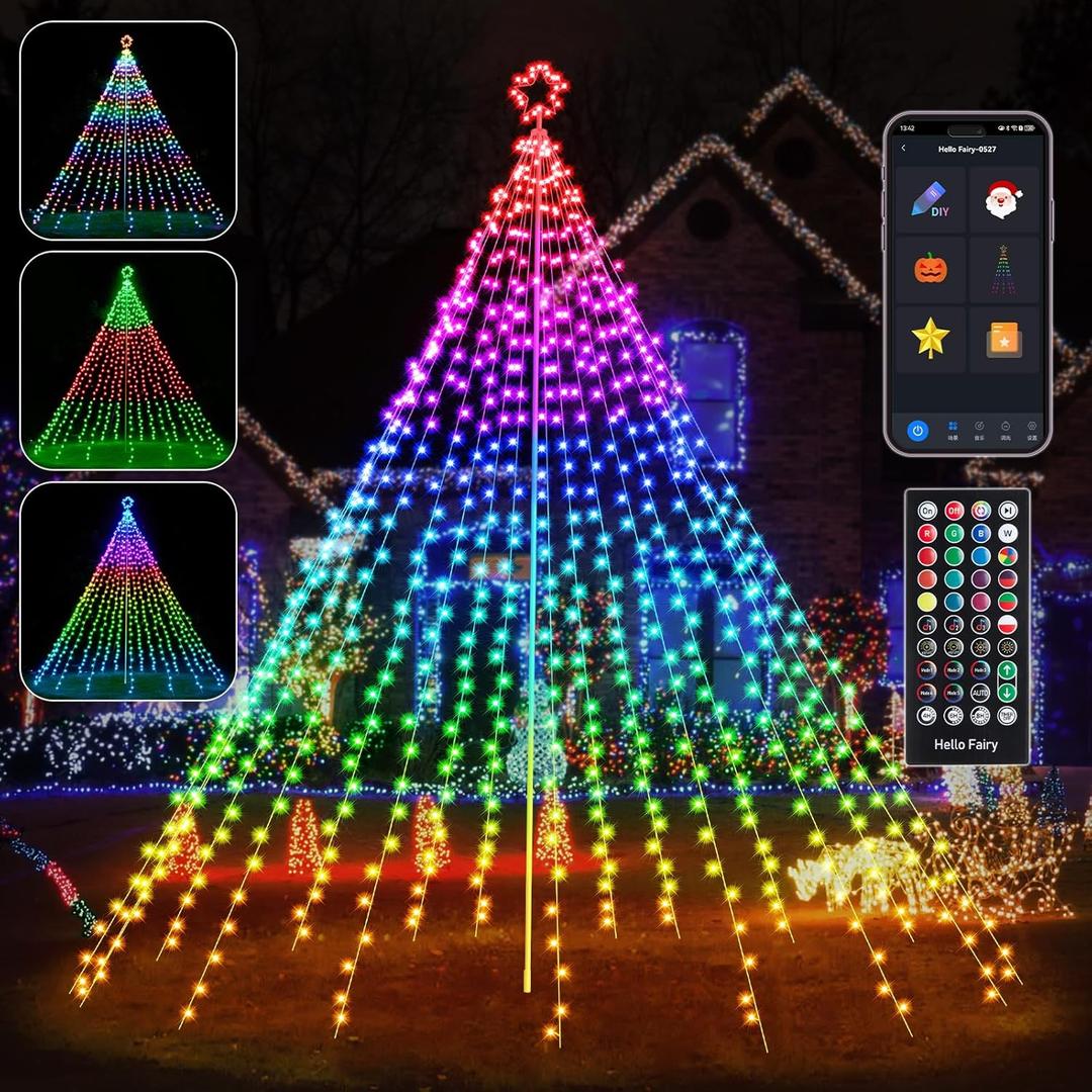 13.5FT Smart Christmas Tree Lights LED, Remote & App Control IP67 Waterproof Multiple Scene Modes Waterfall Lights with Pole, Sync Music Modes Christmas Decorations for Outdoor Xmas Party Wedding