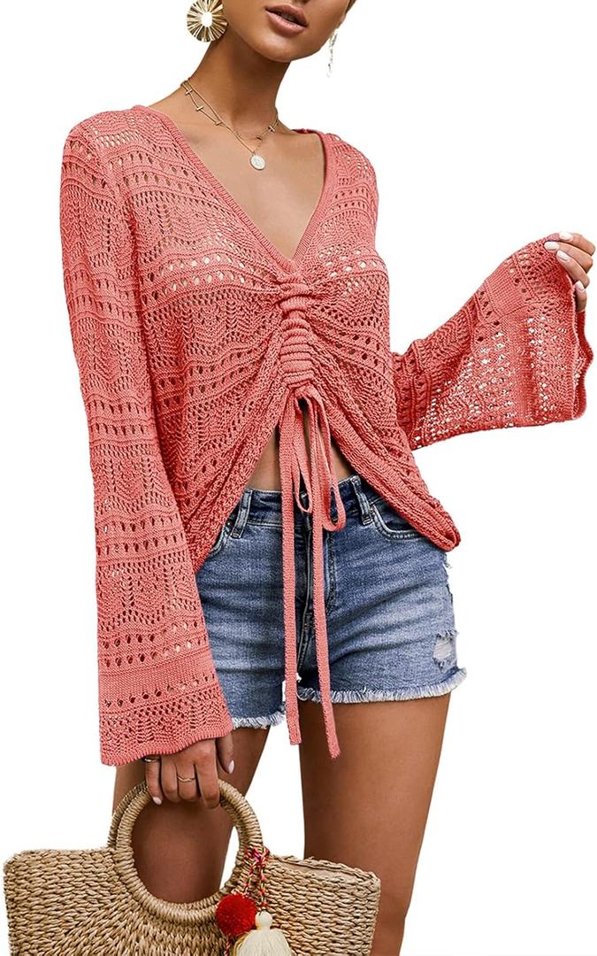 Saodimallsu Womens Boho Off Shoulder Sheer Crop Tops Bell Sleeve Flowy Oversized Crochet Ruched Pullover Sweaters (Small, Red)