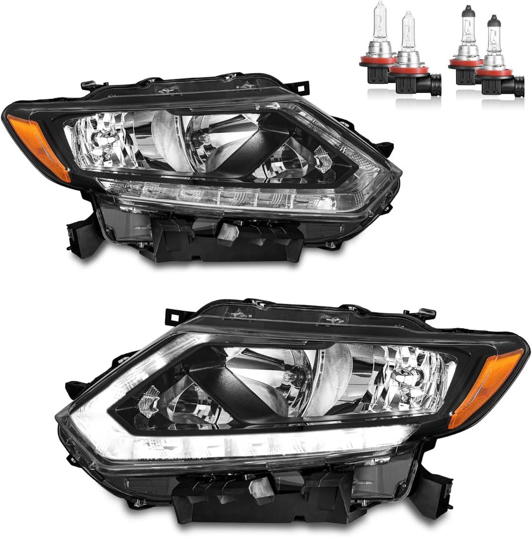 Halogen Headlights Assembly with LED DRL Strip for 2014 2015 2016 Rogue Headlamp Replacement Driver & Passenger Side (NO PROJECTOR)
