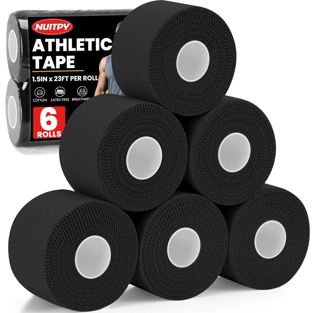 6 Pack Athletic Tape, Black Sports Tape, Easy Tear Wrist Tape, Strong Adhesion Tapes for Boxing, Gymnastics, Hockey, Soccer, Lacrosse and First Aid