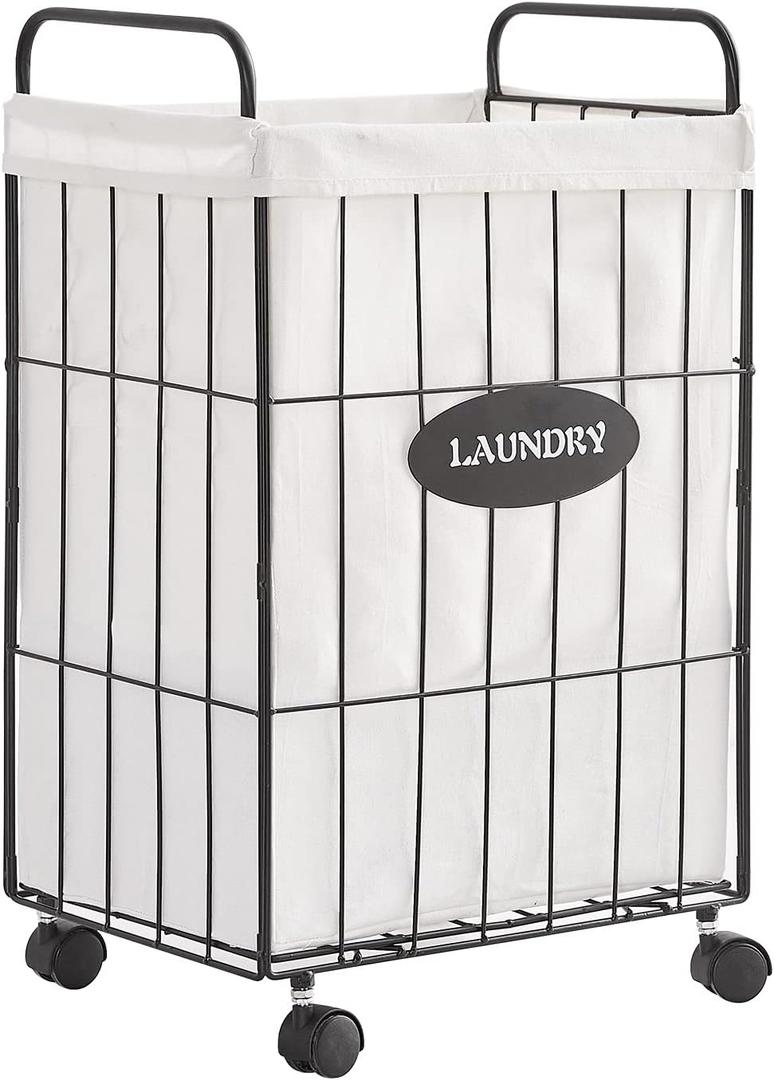Mxfurhawa Iron Wire Laundry Hamper With Rolling Lockable Wheels, Folding Laundry Storage Basket with Handles,Detachable Liner Collapsible Dirty Laundry Cart Sorter Clothes Basket Organizer (23.6 inch) (White)