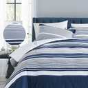 Finlonte King Size Comforter Set, Navy Blue White Striped Comforter, 100% Cotton Luxury Fluffy Cozy Bed Set, Modern Minimalist King Quilted Comforter All Season, 104"  90", 3 Pieces