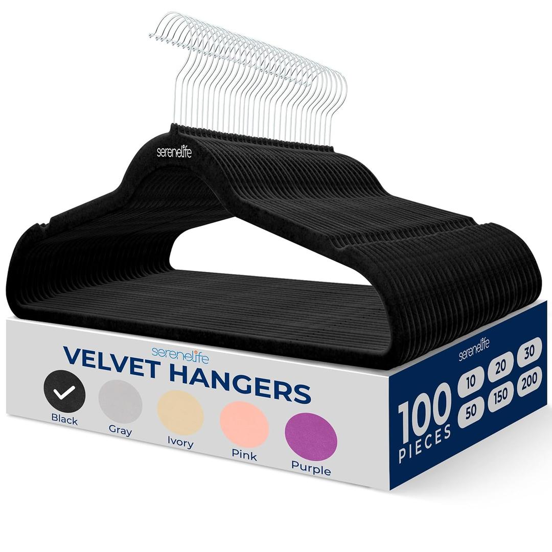 SereneLife Velvet Hangers 100 Pack Black Slim Non-Slip Clothes Hangers with Chrome 360 Swivel Hook, Durable 10 lbs Capacity, Ultra-Thin Space Saving Hangers for Closet Organization