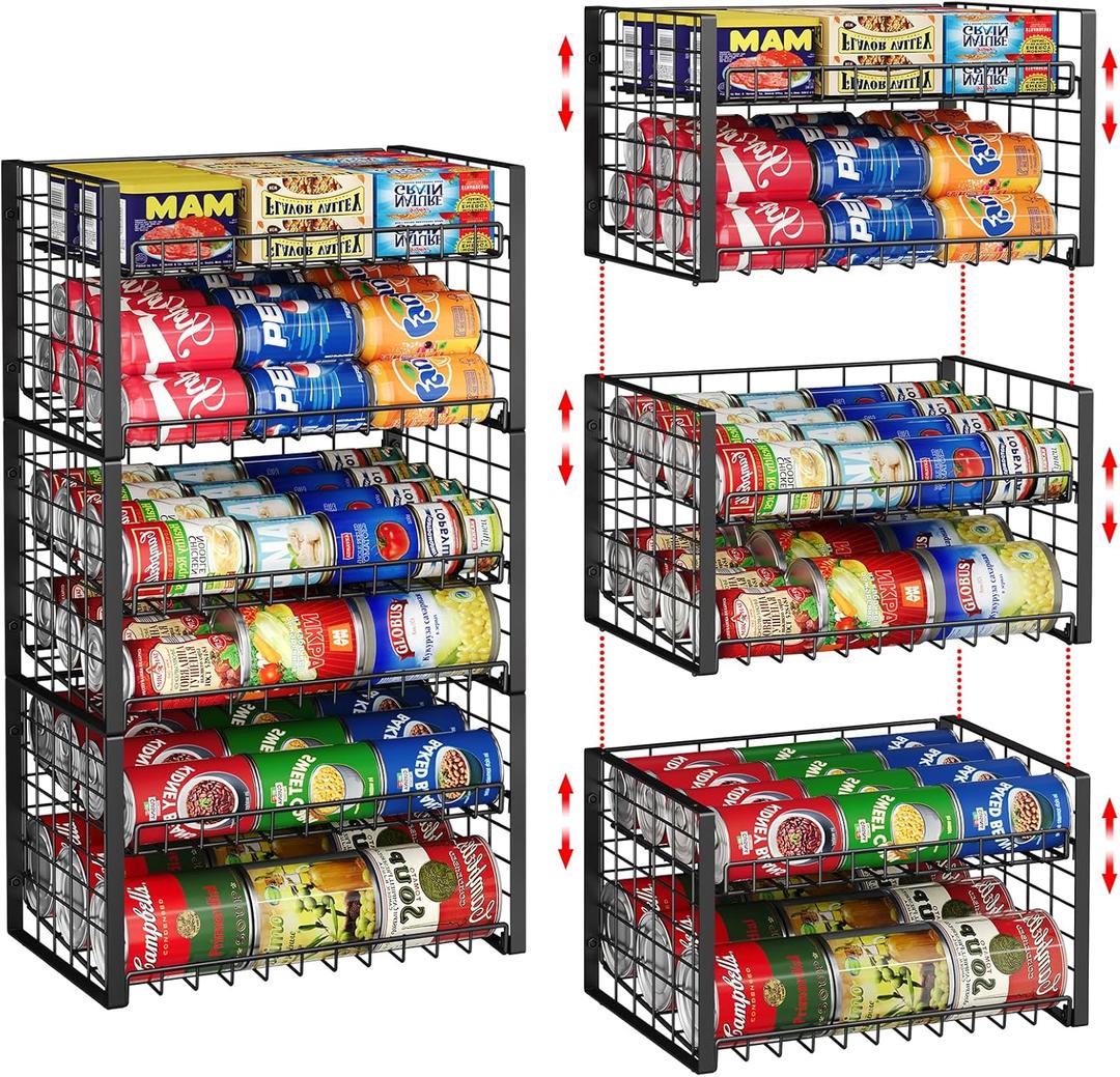 3-Pack Stackable Can Rack Organizer for Pantry, Adjustable Can Holder for Various Ounce of Cans up to 90, Rolling Can Dispenser for Canned Food Soup Goods Storage in Kitchen Cabniet, 2 Tier, Black