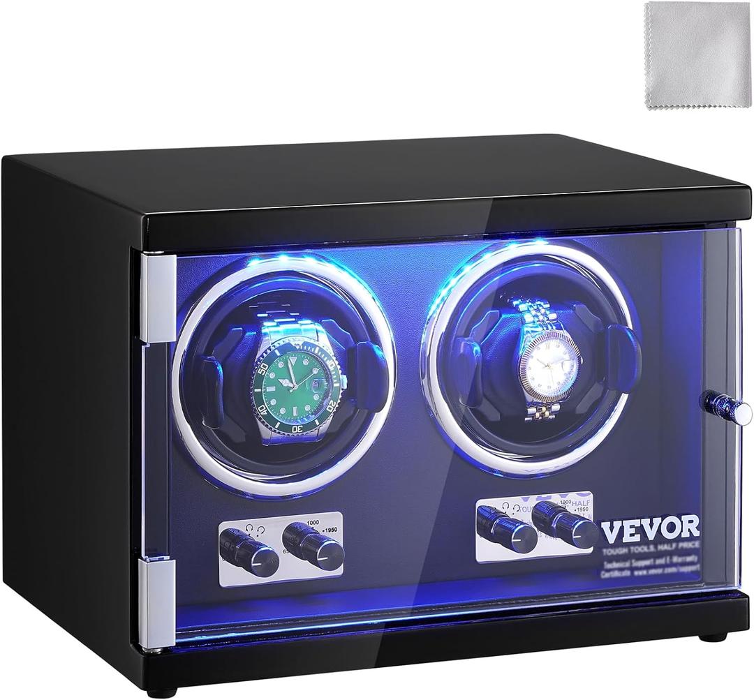 VEVOR Watch Winder, Rotating Watch Box for High-End Automatic Watches, 2 Watch Winder Case with Quiet Japanese Motors, LED Light, Adjustable Direction and Speed, Multi Modes