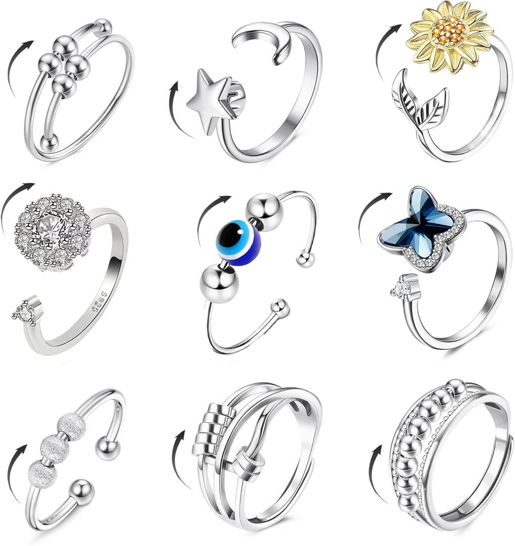 Fidget Rings for Women Men, 9 Pcs Spinner Anxiety Rings for Anxiety Relieving Stress,Adjustable Open CZ Flower Moon Star Rotatable Rings (Silver)