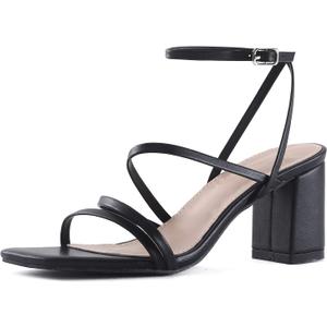 LACUONE Strappy Heels for women Block Heels Square Toe Chunky Ankle Buckle Pump Heeled Sandals (7.5, Black)
