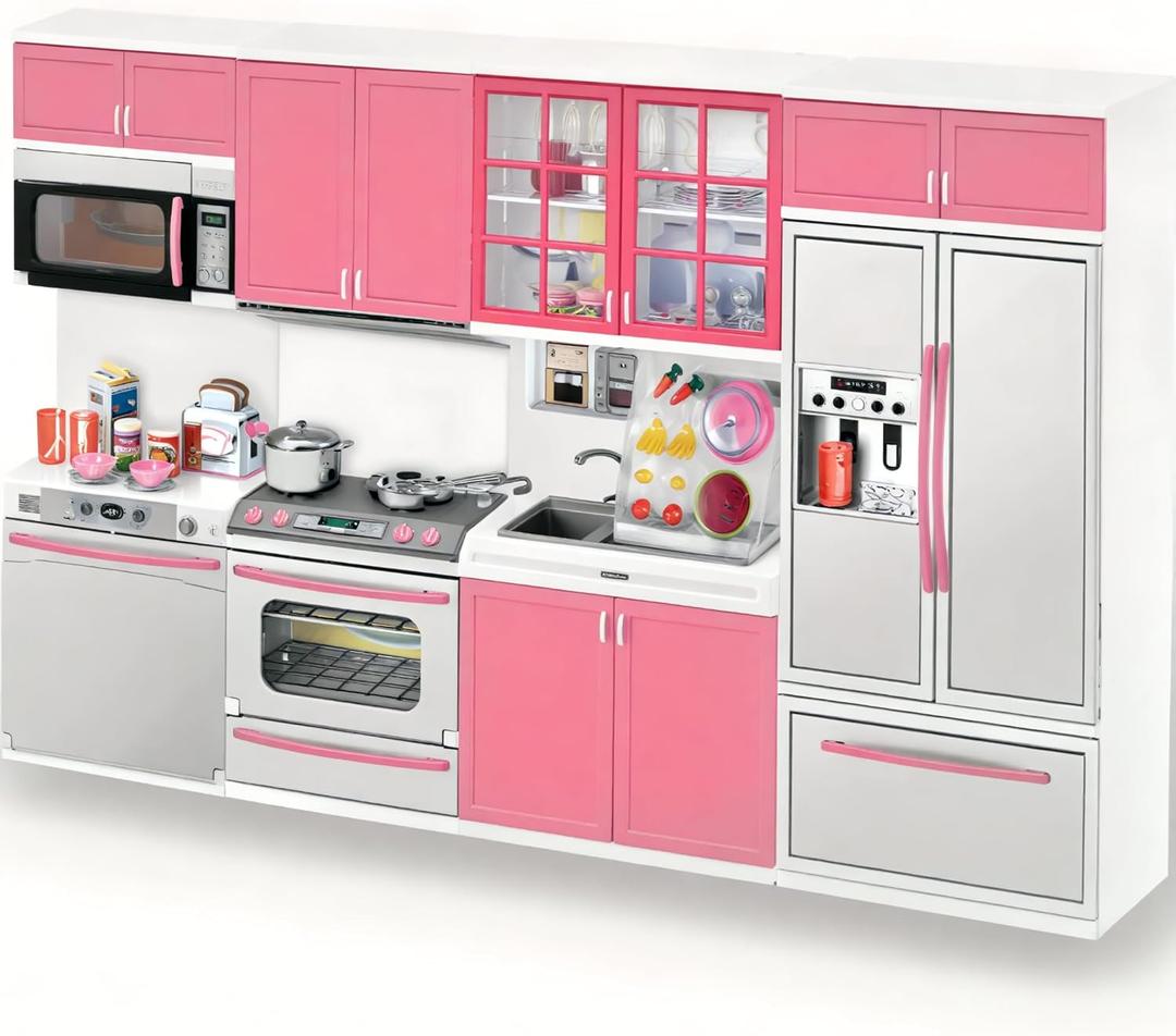 Doll Kitchen Playset for Kids, My Modern Mini Kitchen House Furniture Pretend Play Toy Accessories Set with Realistic Lights & Sounds for Toddlers, Girls (4-in-1)