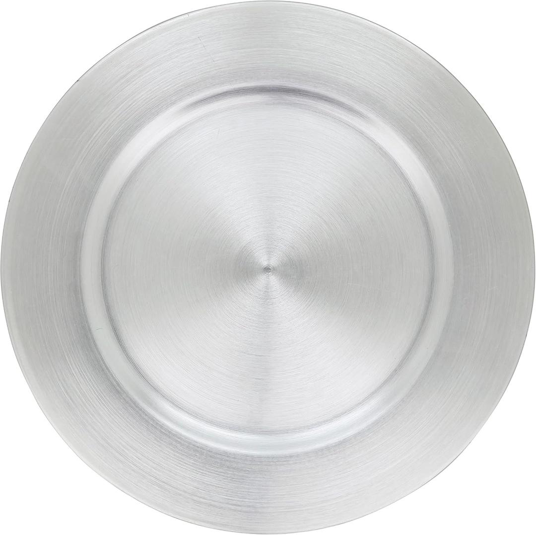 SARO LIFESTYLE Decorative Charger Plates, 13 Round Plastic Charger Plates, Set of 4  Elegant Table Dcor for Events, Weddings & Home Dining, Silver