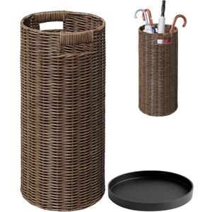 Rattan Umbrella Holder 20.8" H X 10" D,Handmade Wicker Umbrella Stand Indoor with Dip Tray,Sturdy Umbrella Holders for Entryway,Umbrella Bucket Fits Mudroom,Walking Canes,Home,Office (Brown)