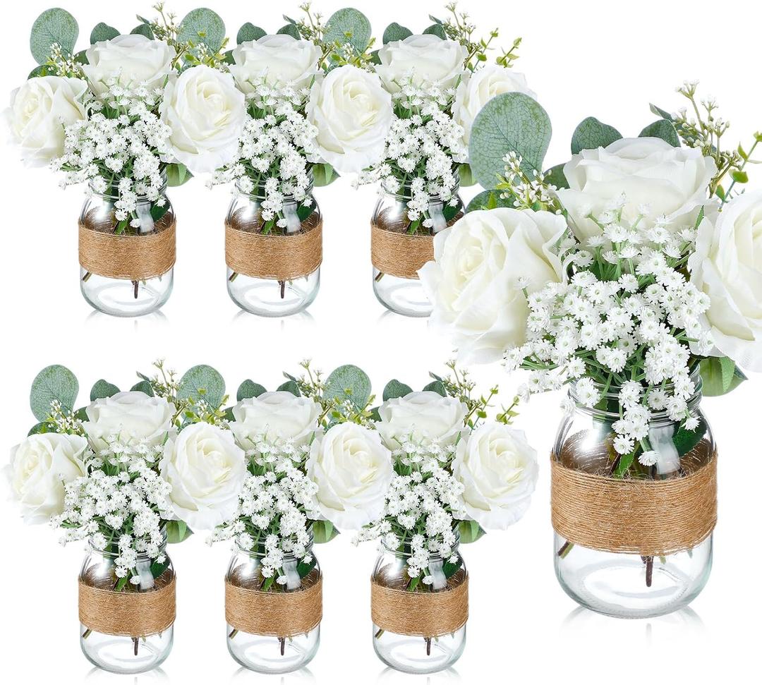 43 Pcs/ 6 Set Rose Mason Jar Table Centerpiece Mason Jar Vases Faux Floral with Rope Boho Rustic Flower Table Decoration for Reception Engagement Party Bridal Shower Wedding