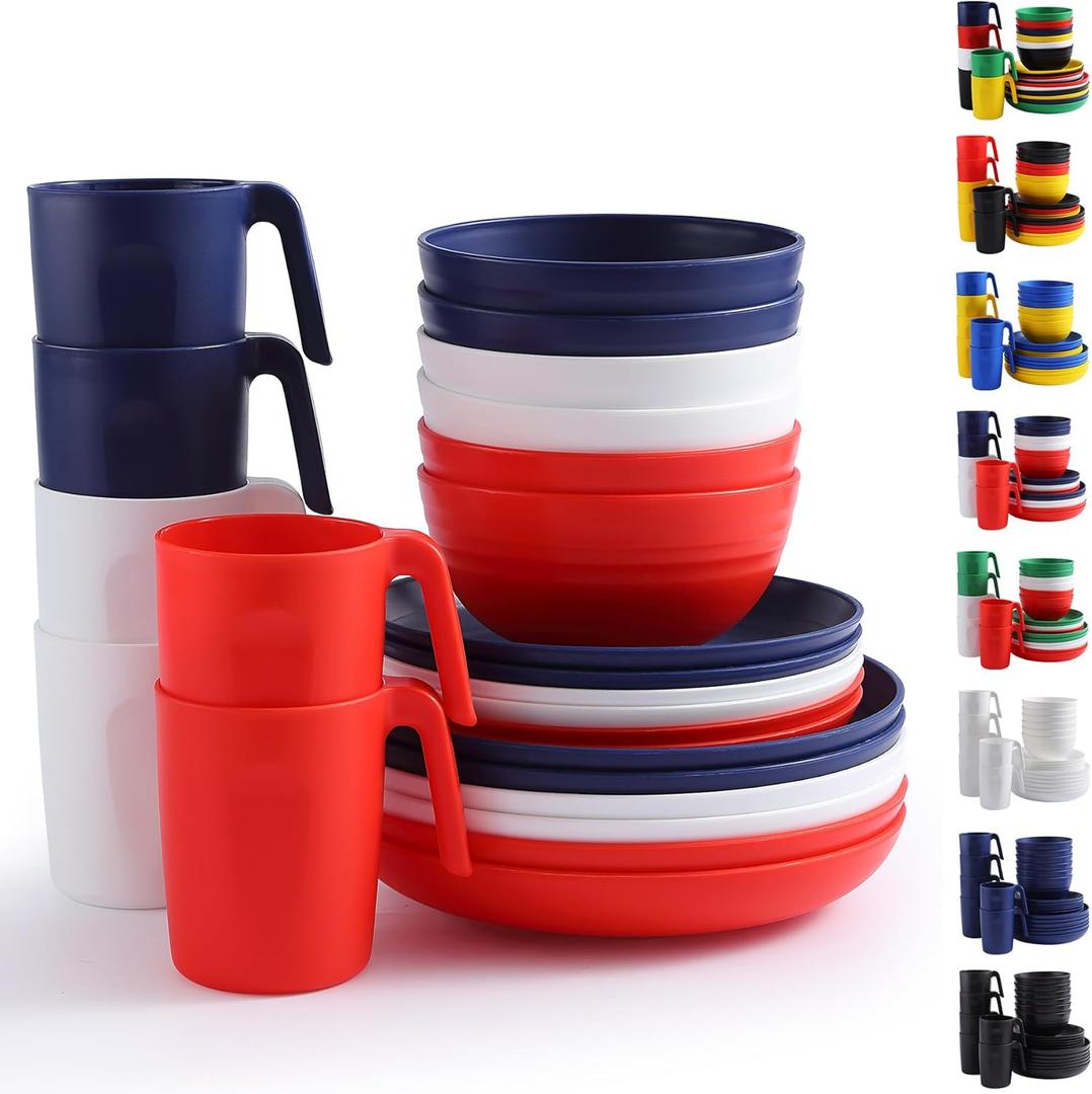Berglander Plastic Dinnerware Sets 24pcs Service for 6, FR Color Reusable Plates and Bowls Sets, Dish Set Include Dinner Plates, Dessert Plate, Cereal Bowls, Cups for Home, Garden, Picnic, Camping