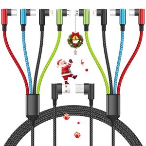 Travel Essentials 90 Degree Multi Charging Cable [2Pack 5FT], Right Angle 4 in 1 Charging Cable, USB Cable Charging Cords with IP/Type C/Type C/Micro Port, Compatible with Most Cell Phones and More (USB A-Red_Blue_Black_Green x2)