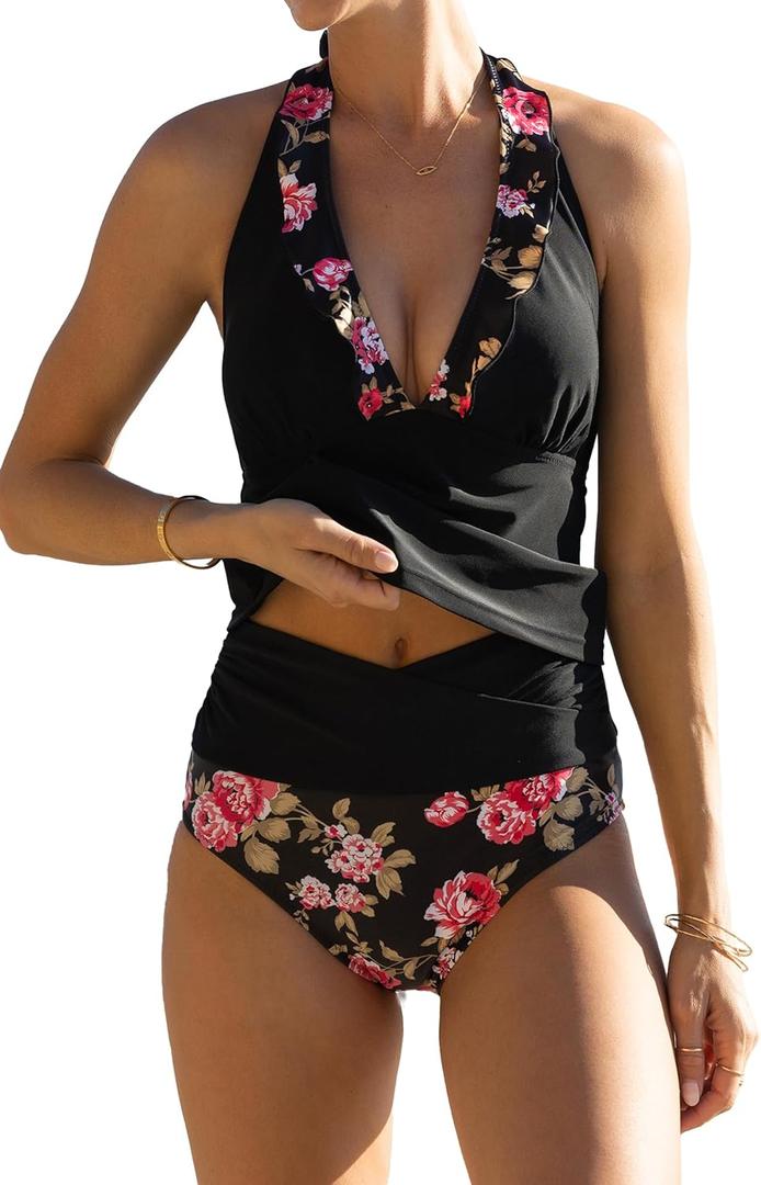 Beachsissi Women Sexy Halter Neck Bathing Suit Floral Print Tankini Set (Black, XL)