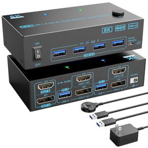 KVM Switch 2 Monitors 2 Computers 8K Displayport 1.4 and HDMI 2.1 Dual Monitor USB 3.0 2 IN 2 Out KVM Switch for 2 PCs Share 2 Screens Support Max 8K@60Hz/4K@144Hz, with Wired Remote & 12V Power Cable