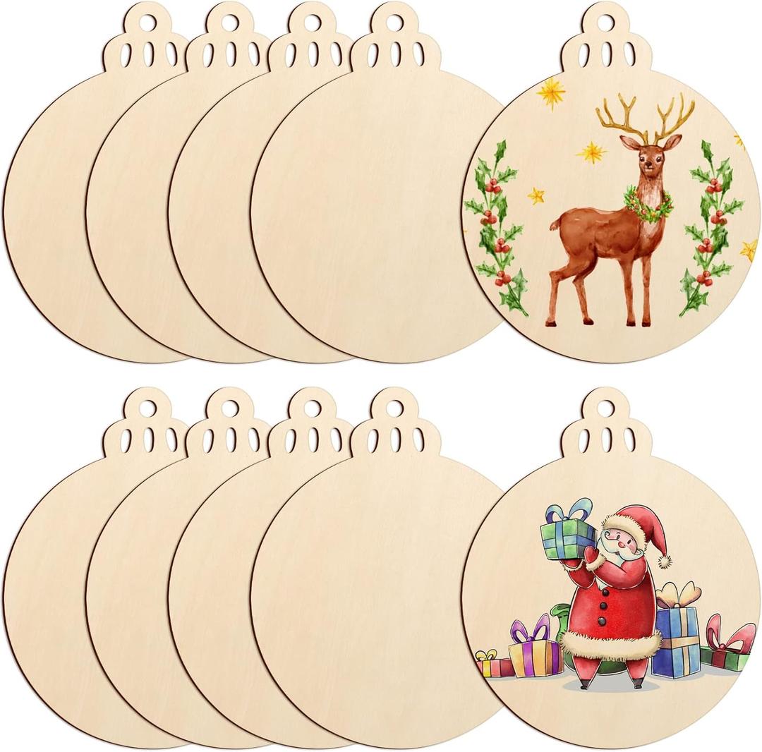 Large Size 7" Wooden Christmas Ornaments to Paint, DIY Blank Unfinished Round Wood Discs Ornament for Crafts Hanging Decorations(10PCS) (Beige Ball)