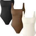 OQQ Women's 3 Piece Bodysuits Sexy Ribbed Sleeveless Square Neck Tank Tops Leotard 2025 Trendy Outfits (Black,coffee,beige, Medium)