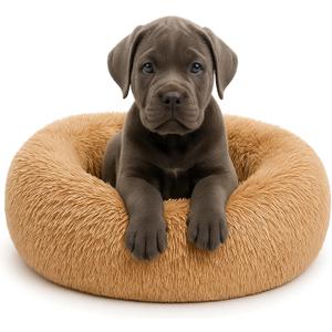 Calming Dog Bed - Fluffy Donut Cuddler for Anxiety Relief, Orthopedic Pet Bed with Non-Slip Bottom, Cozy Round Faux Fur Nest for Dogs and Cats, Plush Crate Mat for Comfort (Camel, Medium)