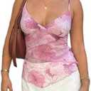 Women Y2k Mesh Tank Top Camisole Floral Print Spaghetti Strap Sleeveless V Neck Going Out Tops Cami Shirts, S