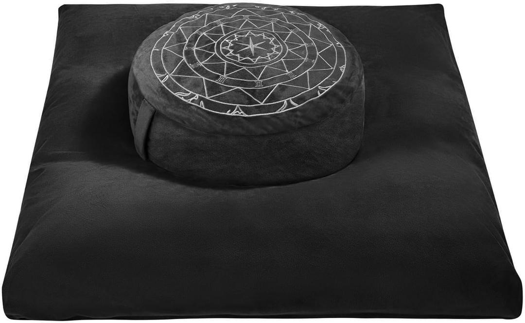 Zafu & Zabuton Meditation Cushion Set - Buckwheat Hull & Memory Foam Pillows, Ergonomic Support for Yoga, Mindfulness - Organic Velvet Cover, Large Size, Durable Comfort (Black)