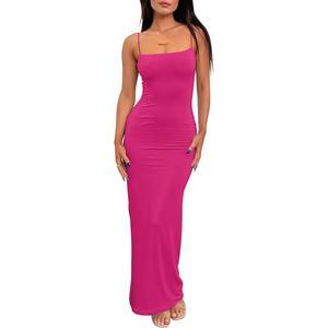 LILLUSORY Womens Summer Casual Slip Dresses Spaghetti Strap Double Lined Bodycon Maxi Dress (Pink, M)