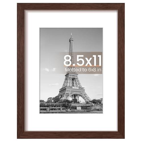 upsimples 8.5x11 Picture Frame, Display Pictures 6x8 with Mat or 8.5x11 Without Mat, Wall Hanging Photo Frame, Brown, 1 Pack