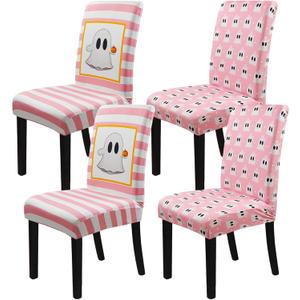 Halloween Chair Covers Set of 4 Cute Ghost Pumpkin Dining Room Slipcovers Stretch Parsons Chair Seat Protectors Halloween Decor-4PCS (One Size, Pink White)