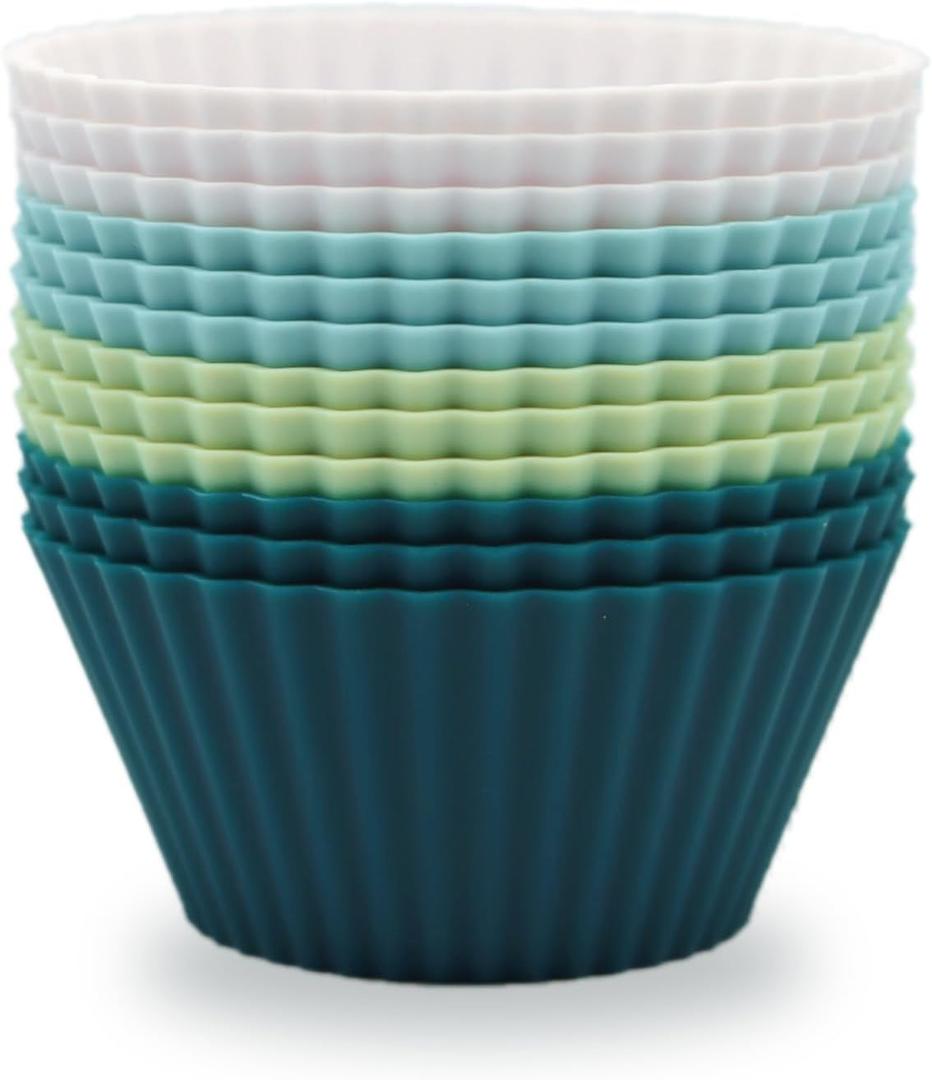 Silicone Baking Muffin Cups 12 Pack, Reusable Cupcake Liners Cake Molds, BPA Free, Dishwasher Safe(White, Green, Navy, Dusty Blue) (Standard, Neutral Colors)