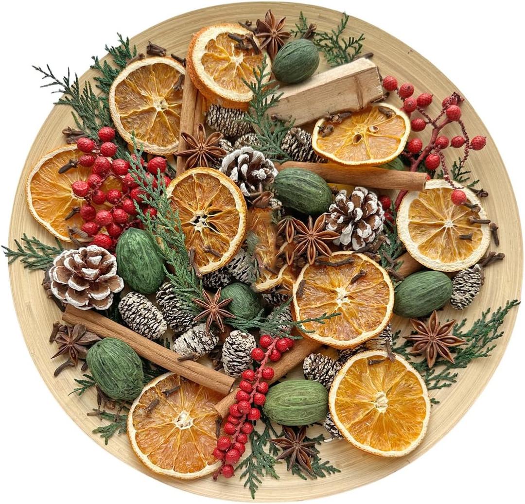 Old-Timey Christmas Potpourri Bowl Filler, Decorative Christmas Vase Filler Decor with Cinnamon Sticks, Star Anise, Cloves, Dried Orange Slices, Pine Cones, Red Berry, Vase Filler for Hostess