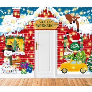 Peryiter 3 Pcs Life Size Christmas Door Cover Banner with LED Light Red Brick Santa's Workshop Decorations Large Classroom Door Decorations Xmas Party Porch Banner for Holiday House Front Background