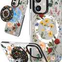 Case for iPhone 16 Plus Case Compatible with Magsafe Ring Holder Stand - for Women Retro Flower Design TPU Phone Cover for Girls Girly Funny Fashion