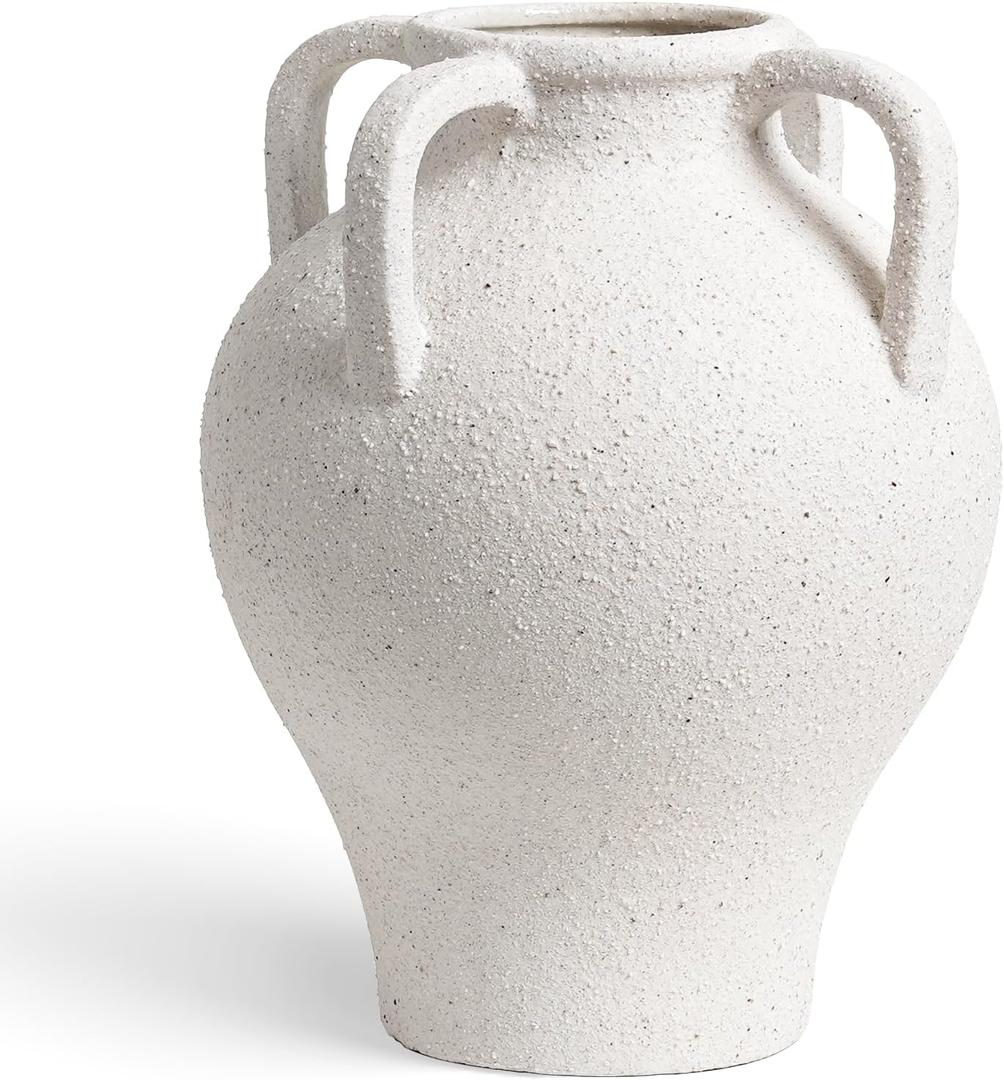 Large White Ceramic Vase - 10.8 Inch Rustic Farmhouse Vase with Handles for Home Decor, Vintage Tall Vases for Living Room, Table, Bathroom, Holiday & Weddings (Rock Sand White)