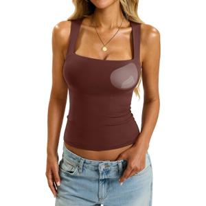 EasyGala Womens Padded Tank Tops Double Lined Built in Bra Sleeveless Top Square Neck Slim Fitted Summer T Shirts 2026 (Brown, XL)