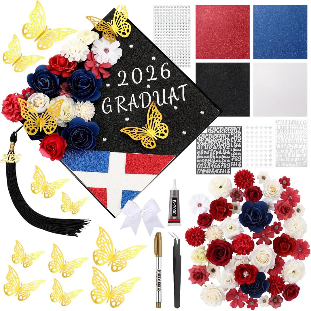 WinnerWhy 50Pcs DIY Dominican Republic Flag Graduation Cap Decorations 2026 Handmade Dominican Republic Grad Hat kit Included Faux Flower Heads 3D Butterfly Stickers for Craft Graduation Cap Topper