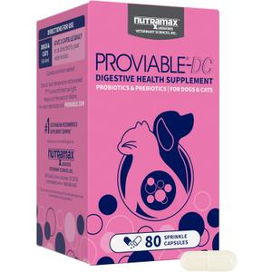 Nutramax Proviable Probiotics for Dogs and Cats, Daily Digestive Health Supplement with Multiple Strains of Bacteria, Cat and Dog Probiotics Plus Prebiotics, 80 Capsules