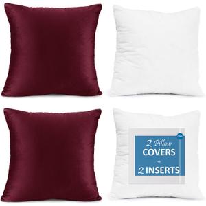 Throw Pillow Inserts Pack of 2 with Velvet Soft Solid Decorative Square Throw Pillow Covers Set for Sofa Couch Car Bedroom, 24X24 Throw Pillows Inserts with 22x22 Washable Cushion Covers, Burgundy Red