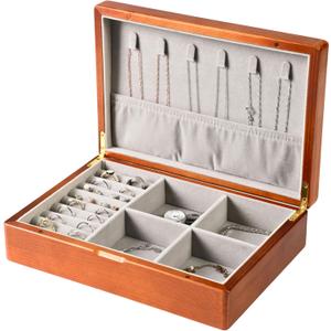 Wooden Jewelry Box for Women, Medium Size Real Natural Solid Wood Antique Organizer with Earring Storage, Ring Compartments, Built in Necklace Hooks, ek11-m (Brown)