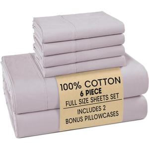 Casa Platino 100% Cotton Full Size Sheets Crisp Percale Sheets Full with 4 Pillowcases, with 15" Deep Pocket Sheet for Secure Fit, Ultra Soft & Cozy, Excellent Quality & Fit Grey Lavender