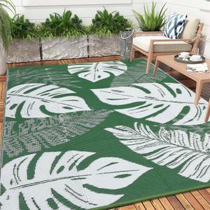 Waterproof 9x12 Outdoor Rug for Patio Reversible Plastic Straw Rug Leaves Camping Carpet with Carry Bag, Stain & UV Resistant Portable RV Carpet for Camper Deck Balcony Porch Beach Picnic Green