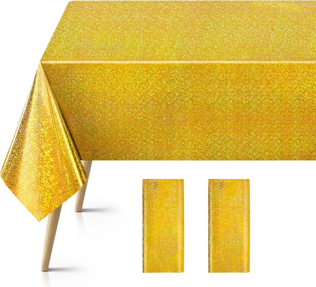 2 Pcs Gold Holographic Foil Tablecloths - 54x108 Durable Table Cover with a Magical Shimmer, Simplistic Luxury for Parties, Weddings, and Showers, Add a Sparkling Touch to Your Special Events