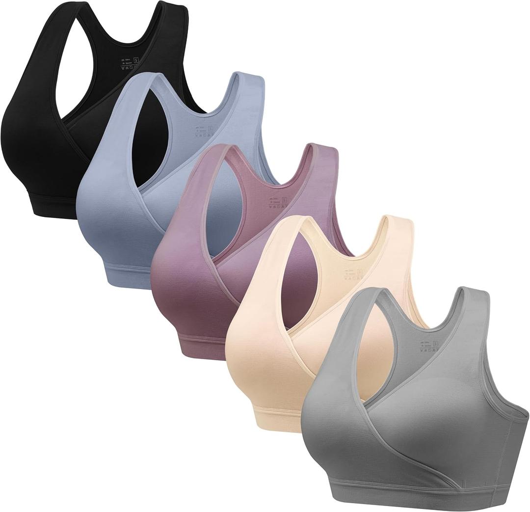 HBselect Nursing Bras for Breastfeeding, Maternity Nursing Sleep Bra Wireless Pregnancy Sleep Bralette 3/5 Pack, Large, Black/Blue/Gray/Purplebean/Beige