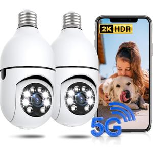 Light Bulb Security Camera 2 Packs, 5G&2.4GHz 2K Security Cameras Wireless Outdoor 360 PTZ Cameras for Home Security with Color Night Vision, 2 Way Talk, AI Human Detection, Screw in Light Socket