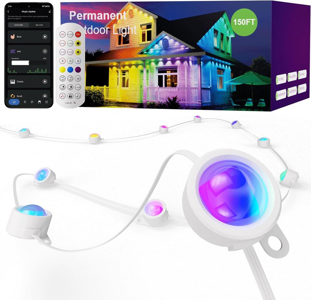 ISOPHO Permanent Outdoor Lights, RGB Smart String Lights with 75 Scene Modes, 150ft Eaves LED Light, Waterproof IP67, Great for All Holidays, Parties, Halloween, Christmas, App and Remote Control