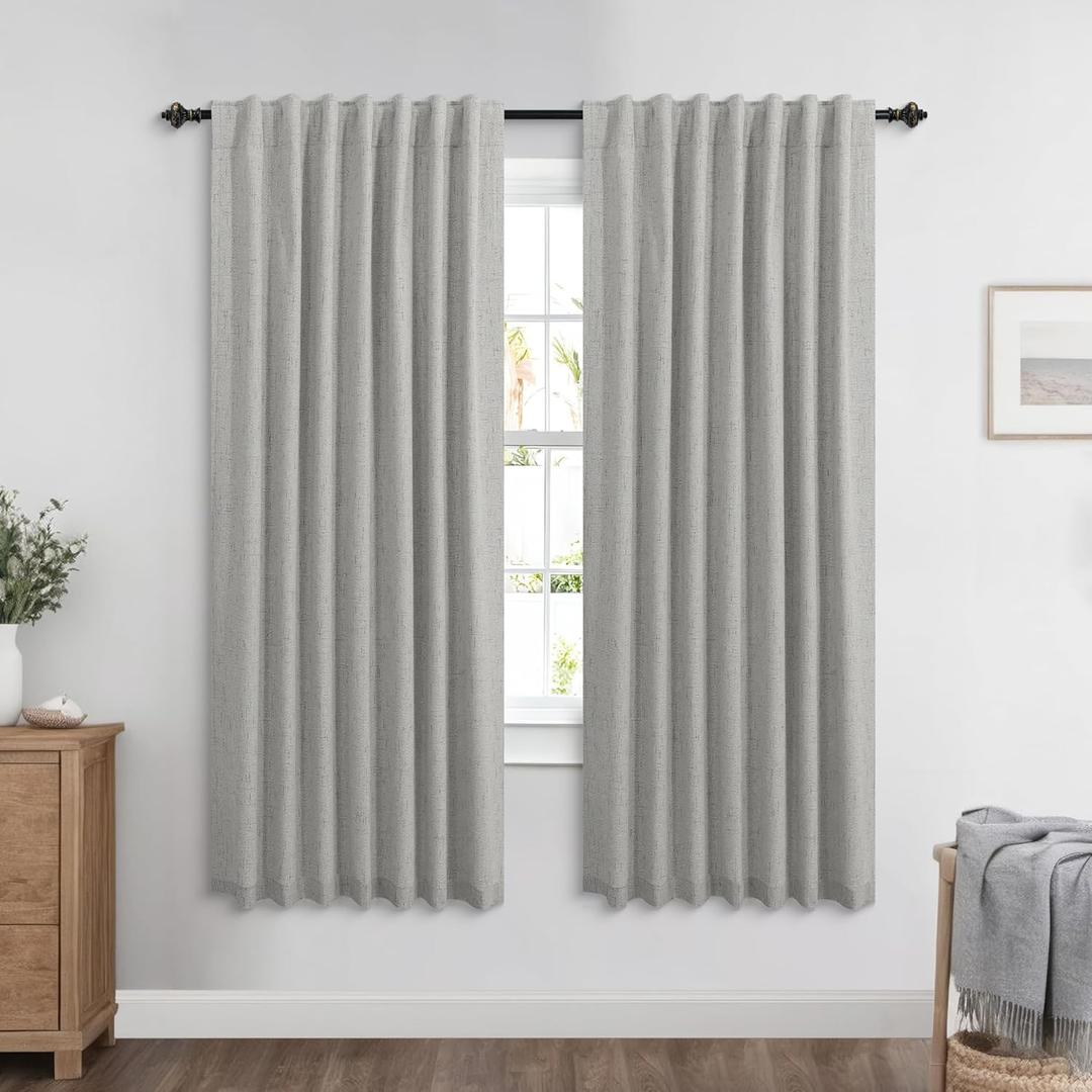 KOUFALL Light Grey Back Tab Linen Blackout Curtains 72 Inch Length for Living Room 2 Panels Set 52X72