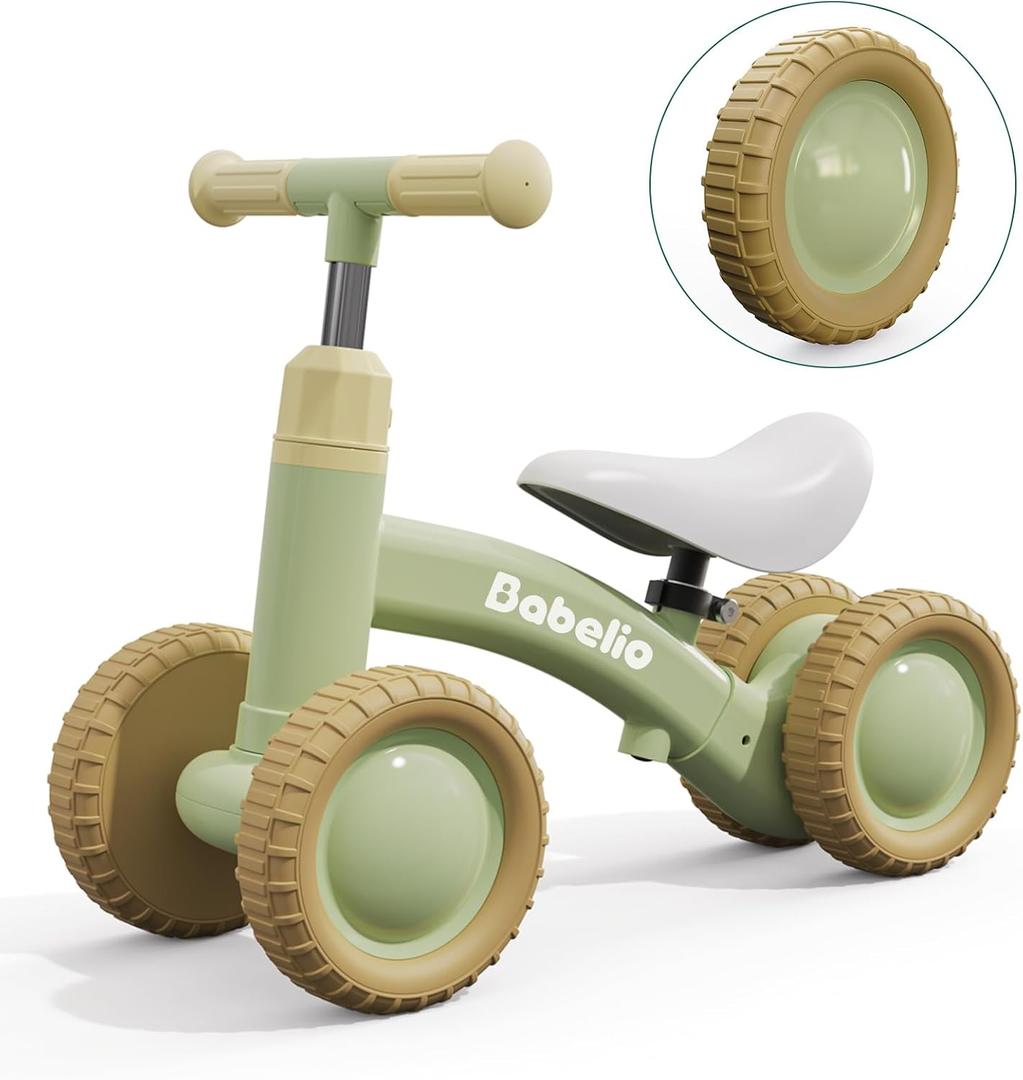 Babelio Updated Baby Balance Bike for 1 Year Old Boys Girls, 10-36 Month Toddler Balance Bike, 4-Wheel Off-Roader Design, Adjustable Seat & Handlebar - Green