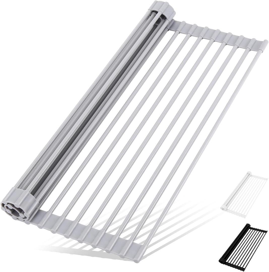 Roll Up Dish Drying Rack Over The Sink Kitchen Roll Up Sink Drying Rack Multipurpose Foldable Sink Drying Mat, Heat-Resistant, Anti-Slip & Anti-Rust Dish Rack for Kitchen, 20.5" x 13", Grey (Gray)