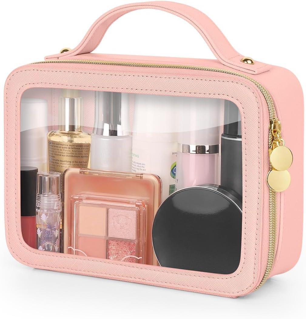 Soimeat Clear Makeup Bag, Portable Travel Cosmetic Bags, Multipurpose Leather Toiletry Bag with Zipper, Waterproof Transparent Cosmetic Organizer for Women, Medium, Pink
