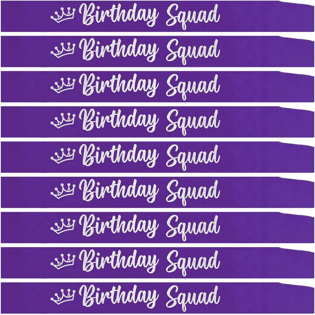 Birthday Squad Sash Purple for Women Men 16th 18th 21st 30th 40th 50th or Any Other Bday Party Supplies Decorations